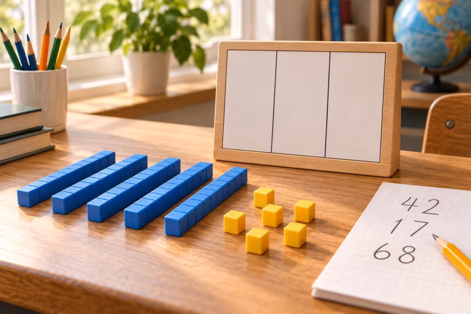 Counting blocks, a place-value chart, and written numerals illustrate numeration.