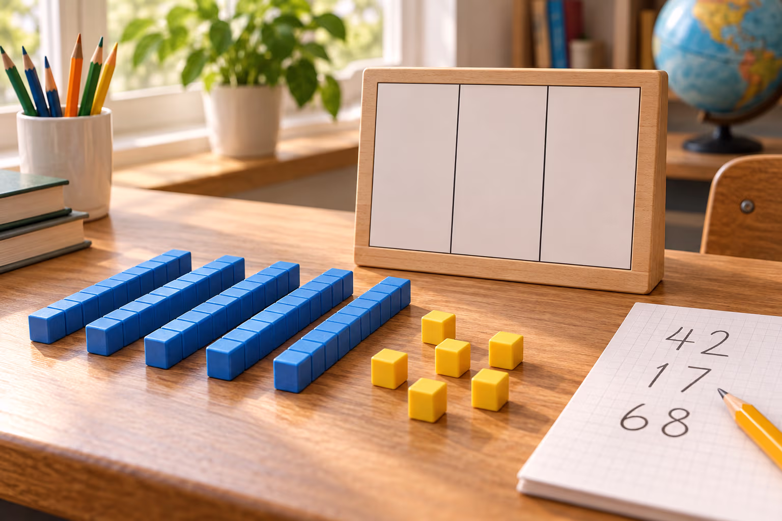 Counting blocks, a place-value chart, and written numerals illustrate numeration.