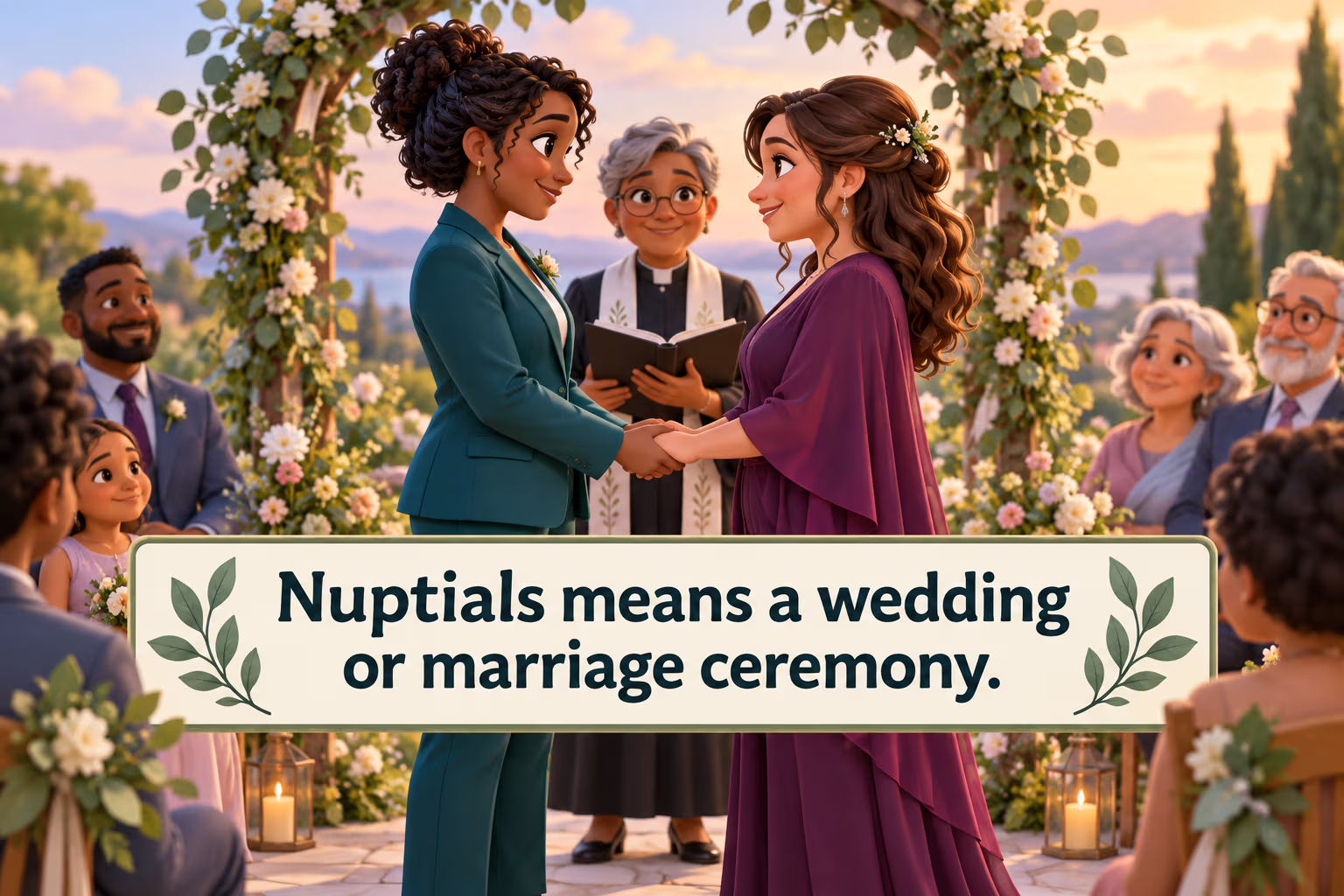 Nuptials means a wedding or marriage ceremony. Two women partners exchange vows with an officiant outdoors.