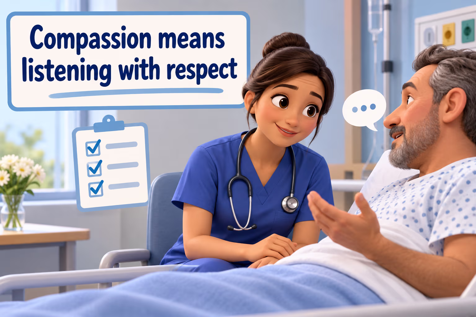 A nurse listens to a patient beneath the teaching point “Compassion means listening with respect.”