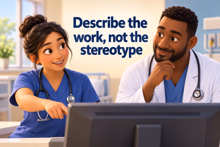 A nurse and physician collaborating at a workstation under the words “Describe the work, not the stereotype.”