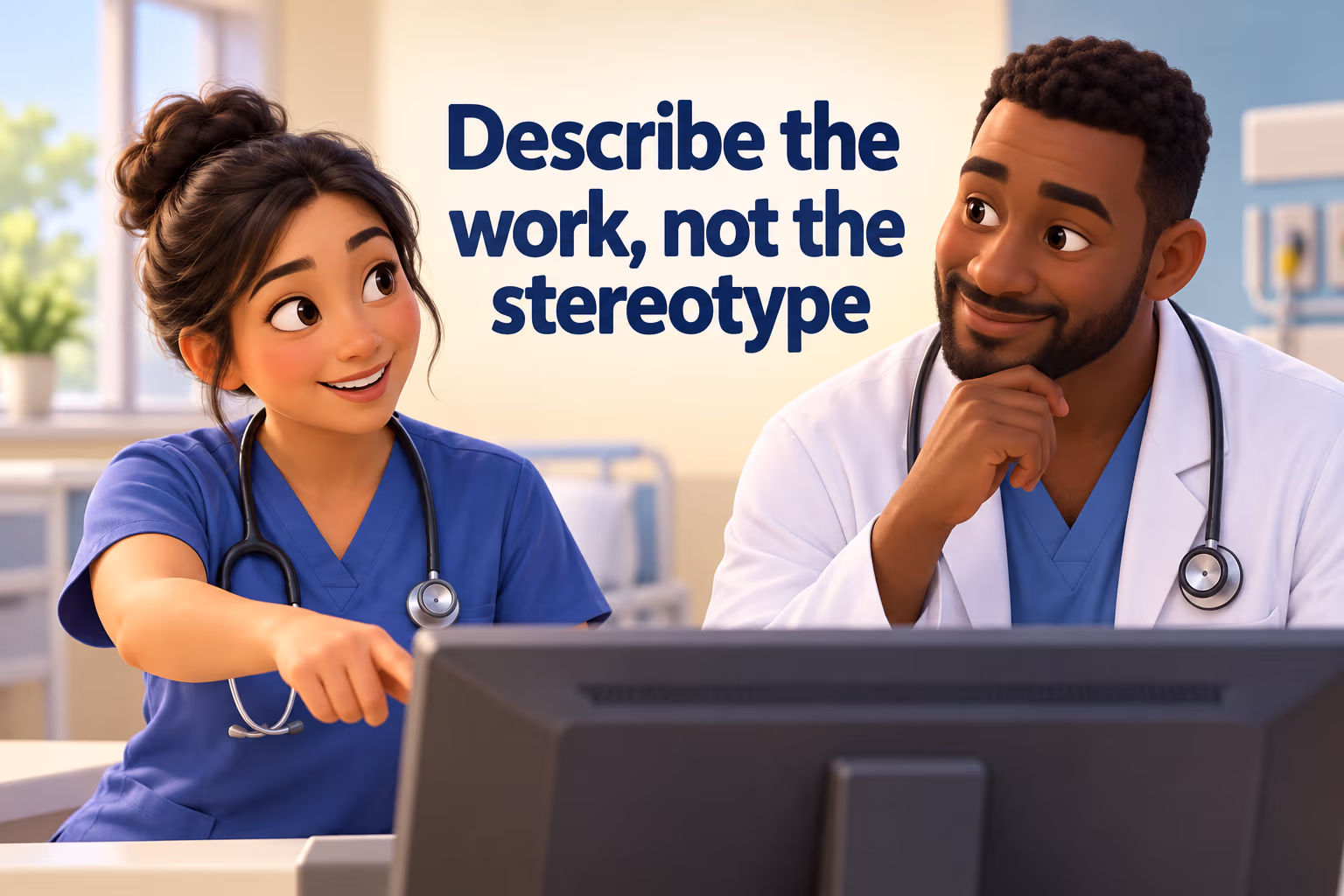 A nurse and physician collaborating at a workstation under the words “Describe the work, not the stereotype.”