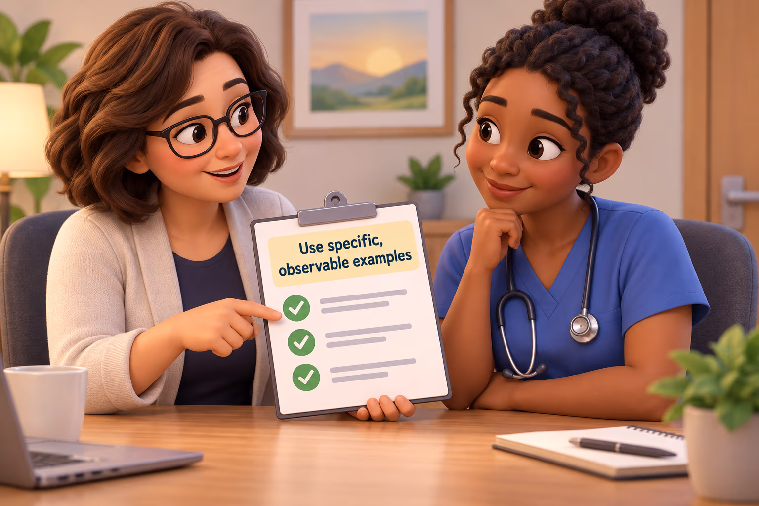 A supervisor and nurse discuss behavior-based feedback beneath the words “Use specific, observable examples.”
