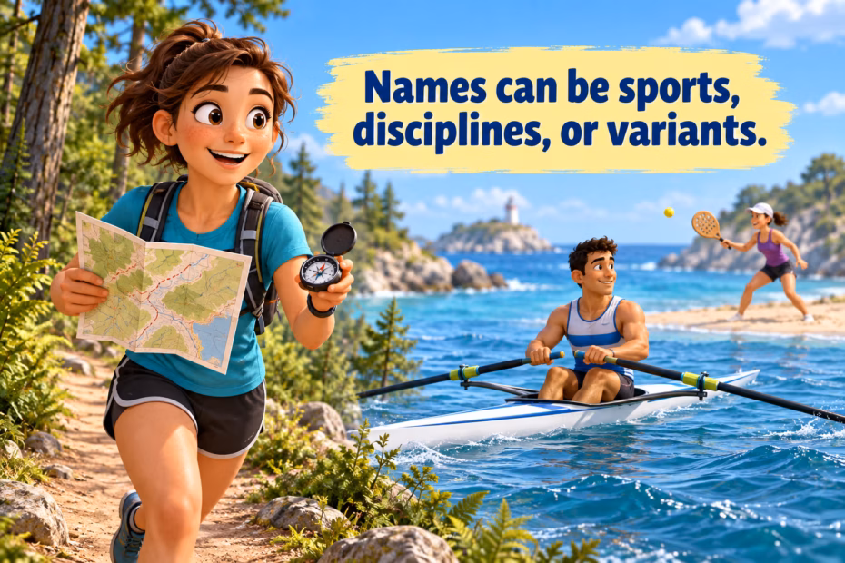 An orienteer checks a map and compass while a rower and paddleball player appear in the background. Text: “Names can be sports, disciplines, or variants.”
