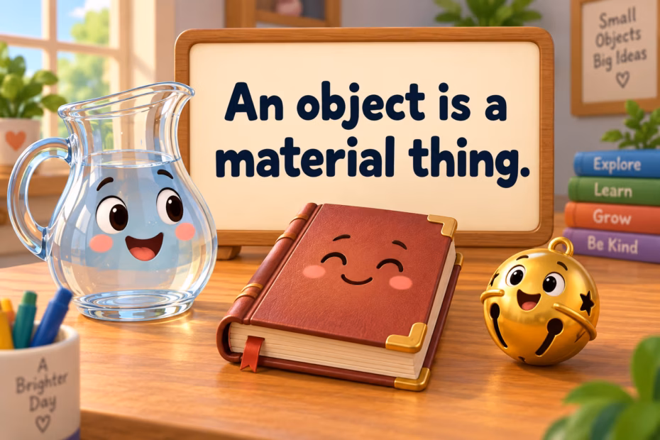 A glass jug, journal, and jingle bell with the teaching label “An object is a material thing.”