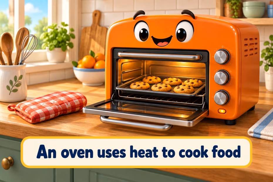An orange oven with the teaching text “An oven uses heat to cook food.”