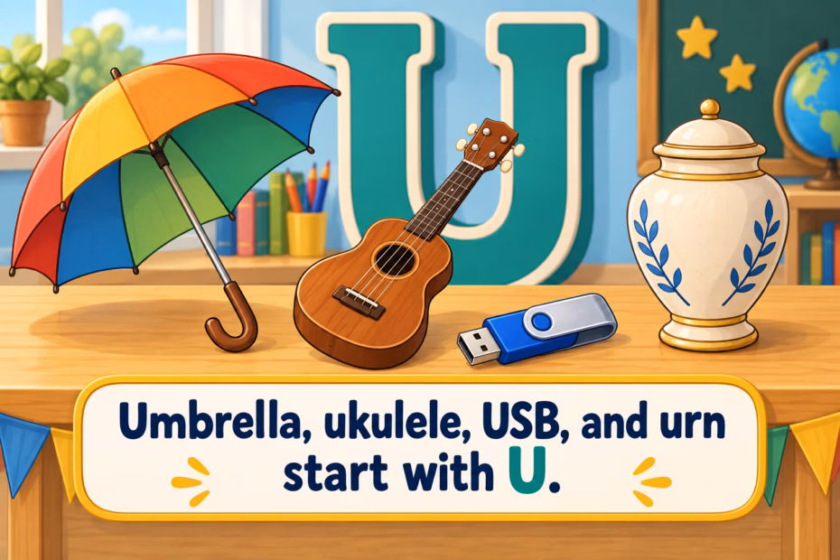 An umbrella, ukulele, USB flash drive, and urn arranged on a classroom display table. Text: “Umbrella, ukulele, USB, and urn start with U.”