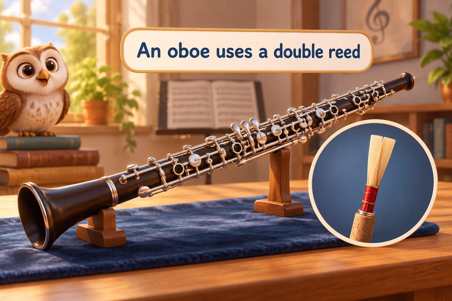 An oboe and close-up of its double reed, labeled ‘An oboe uses a double reed.’