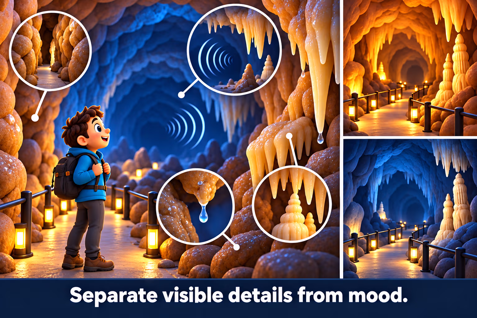 A visitor observes a marked cave path, damp rock, formations, and echoes under different lighting.