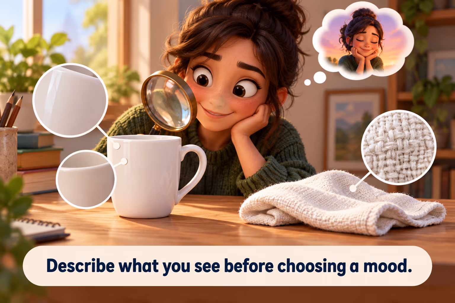 Describe what you see before choosing a mood. An observer examines white fabric and a cup before deciding how the scene feels.