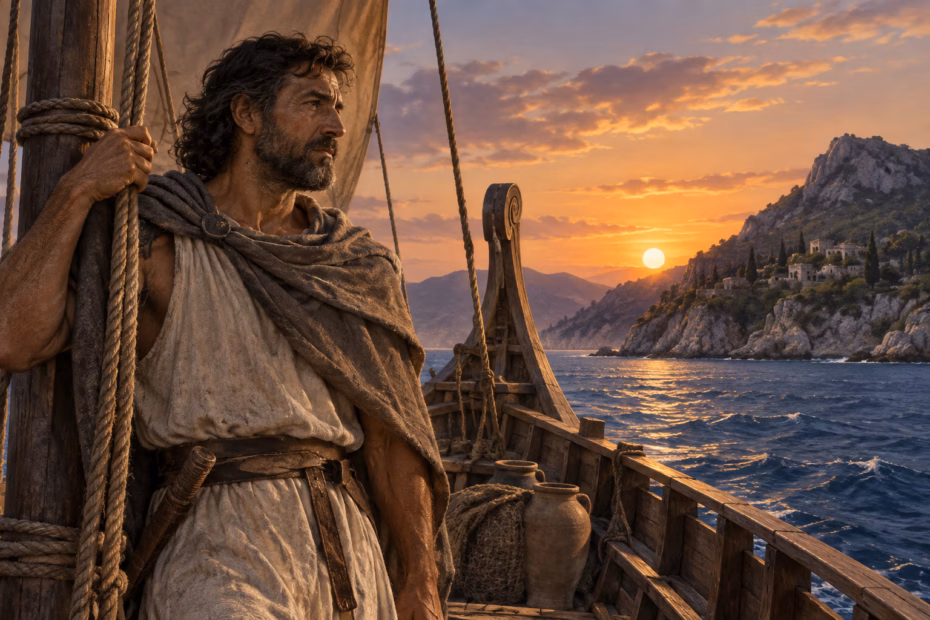 Odysseus stands beside an ancient Greek ship as he approaches the rocky coast of Ithaca.