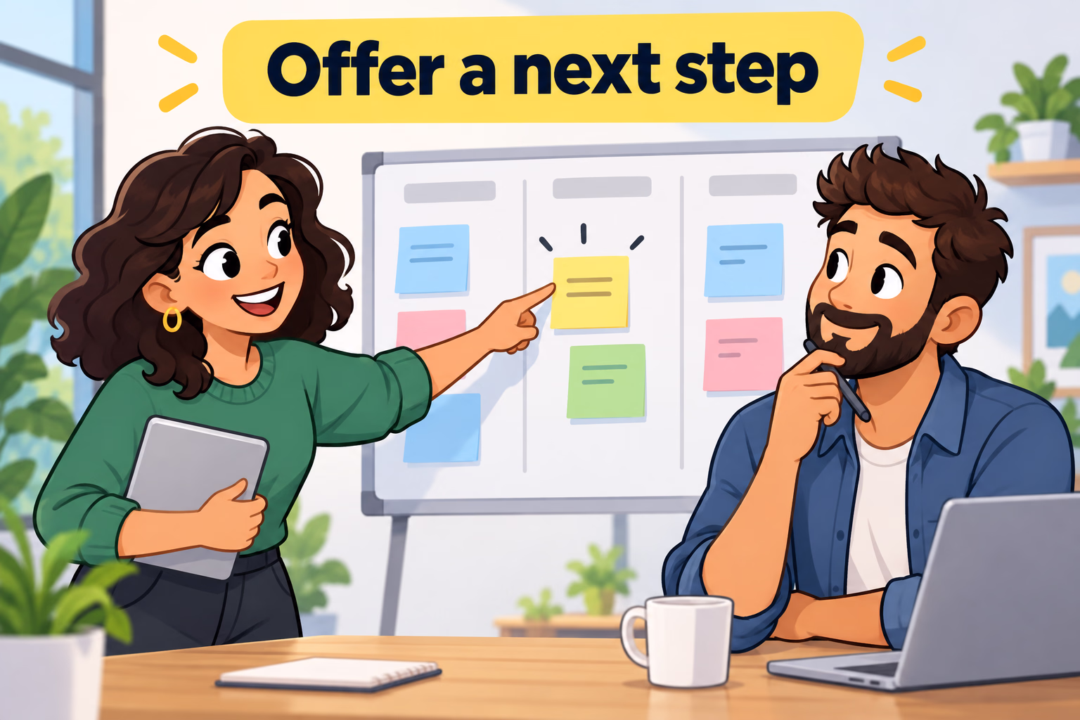 A teammate suggests one clear next step on a shared project board while another teammate considers it.