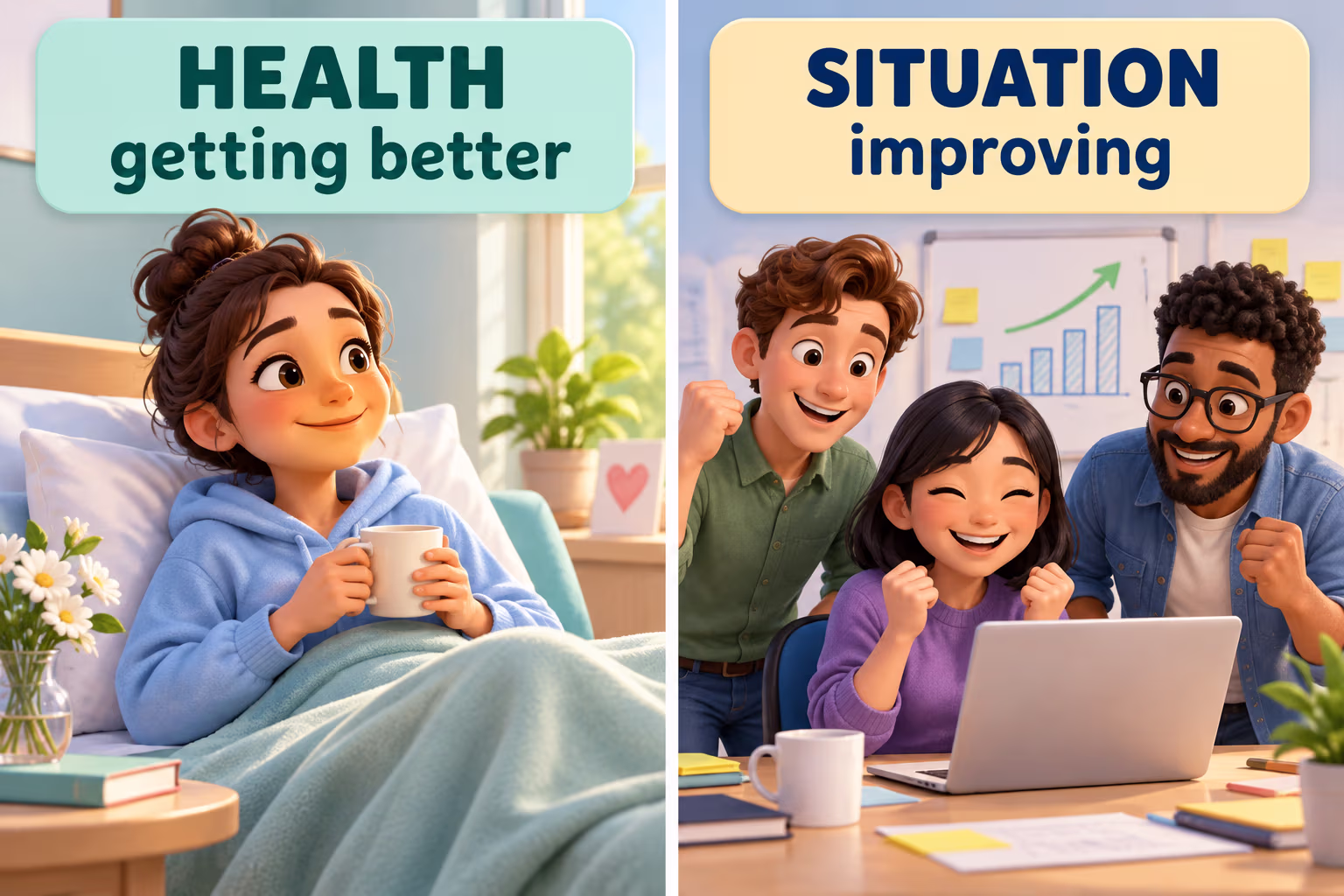 The phrase on the mend can describe health getting better or a situation improving.