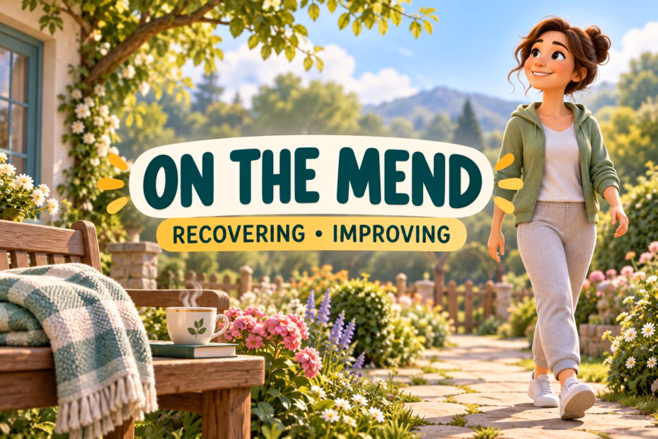 Illustration for the idiom on the mend: a person gradually recovering and improving during a gentle garden walk.