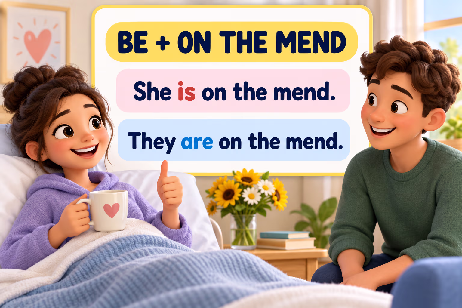 The pattern be plus on the mend, shown with “She is on the mend” and “They are on the mend.”
