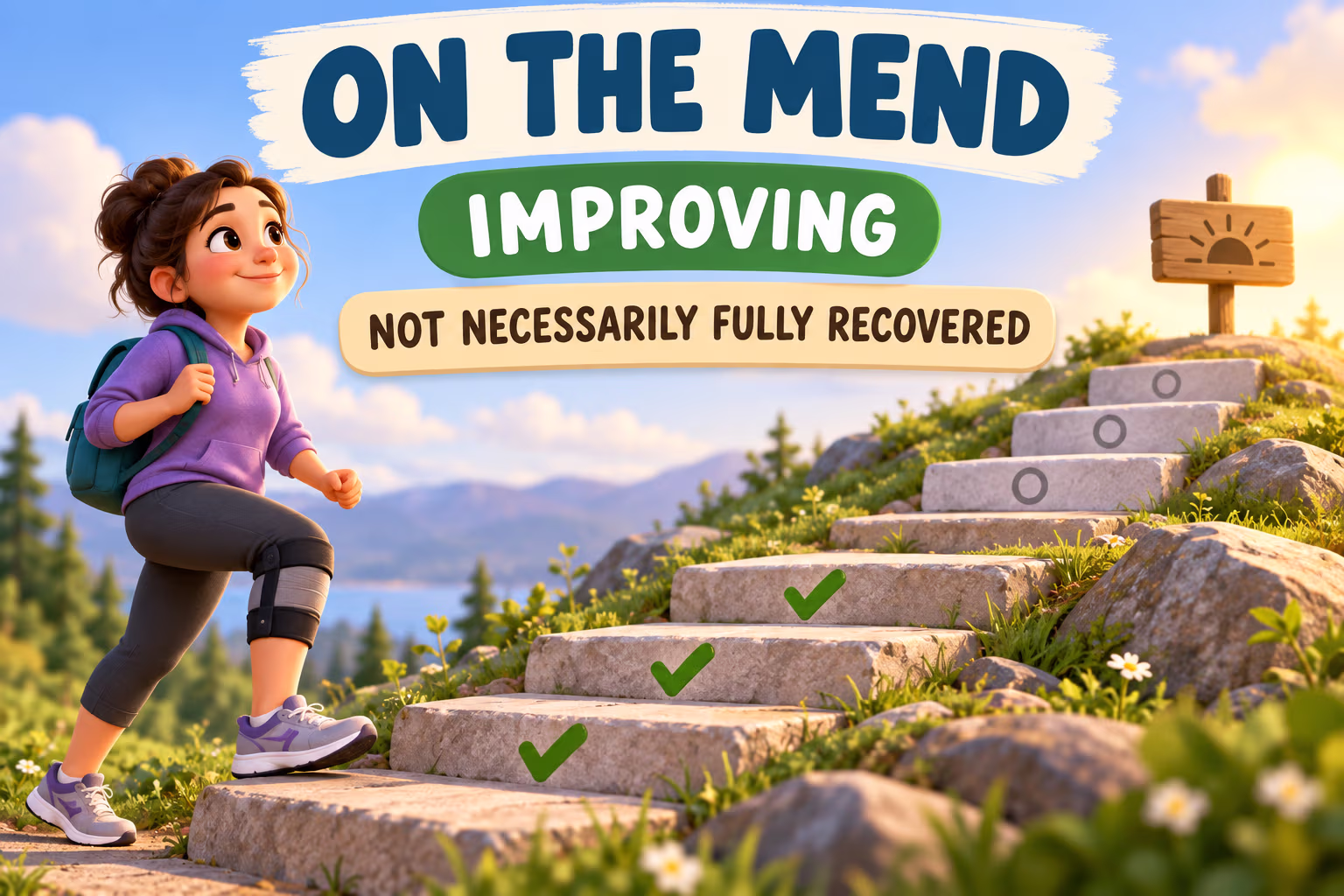 On the mend means improving, but not necessarily fully recovered.