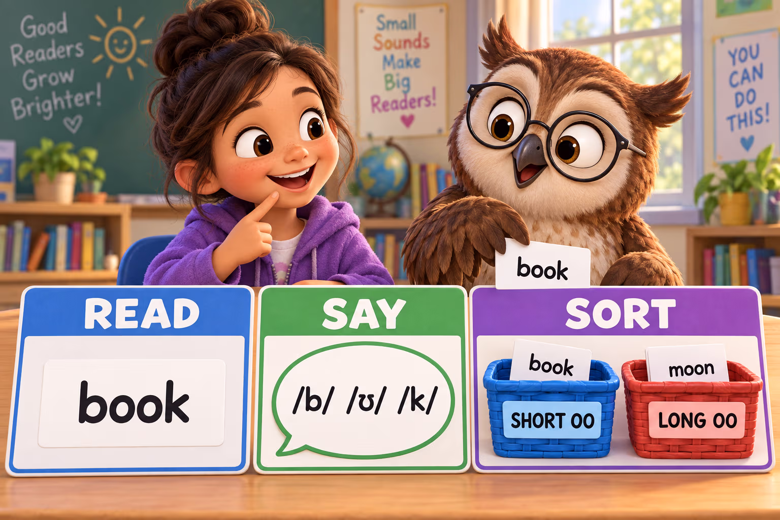 Read, say, and sort phonics activity: sound out book as /b/ /ʊ/ /k/, then sort book under Short OO and moon under Long OO