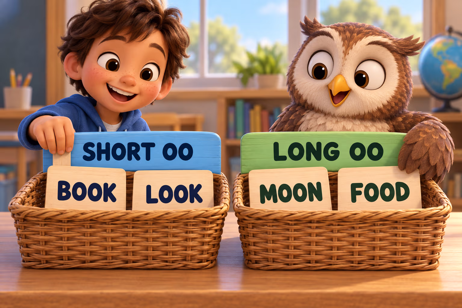 Animated student and owl sort OO words into baskets: book and look under Short OO, moon and food under Long OO