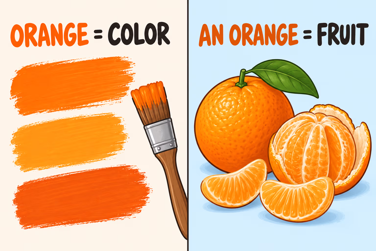 A split illustration labels orange as a color beside paint swatches and an orange fruit beside peeled citrus segments.