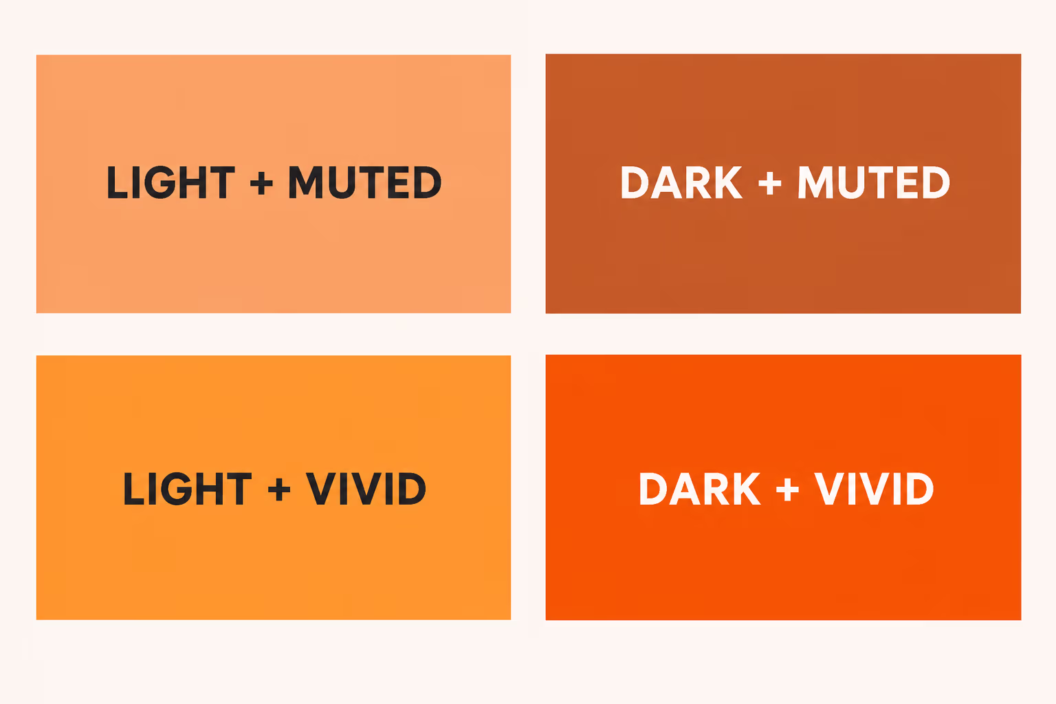 Four orange color swatches compare light muted, dark muted, light vivid, and dark vivid shades.