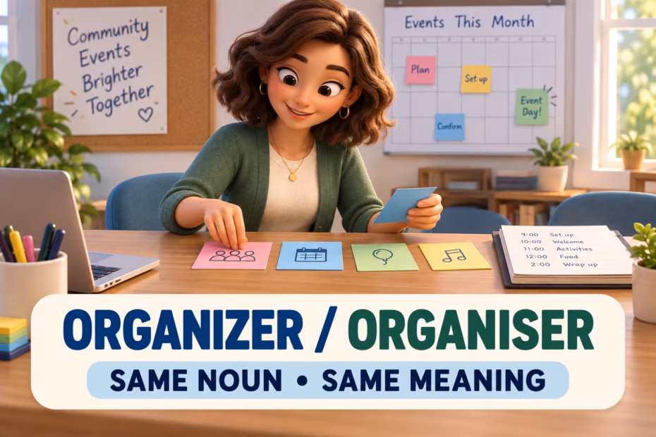 Animated event planner beside the words organizer and organiser, labeled as the same noun with the same meaning.
