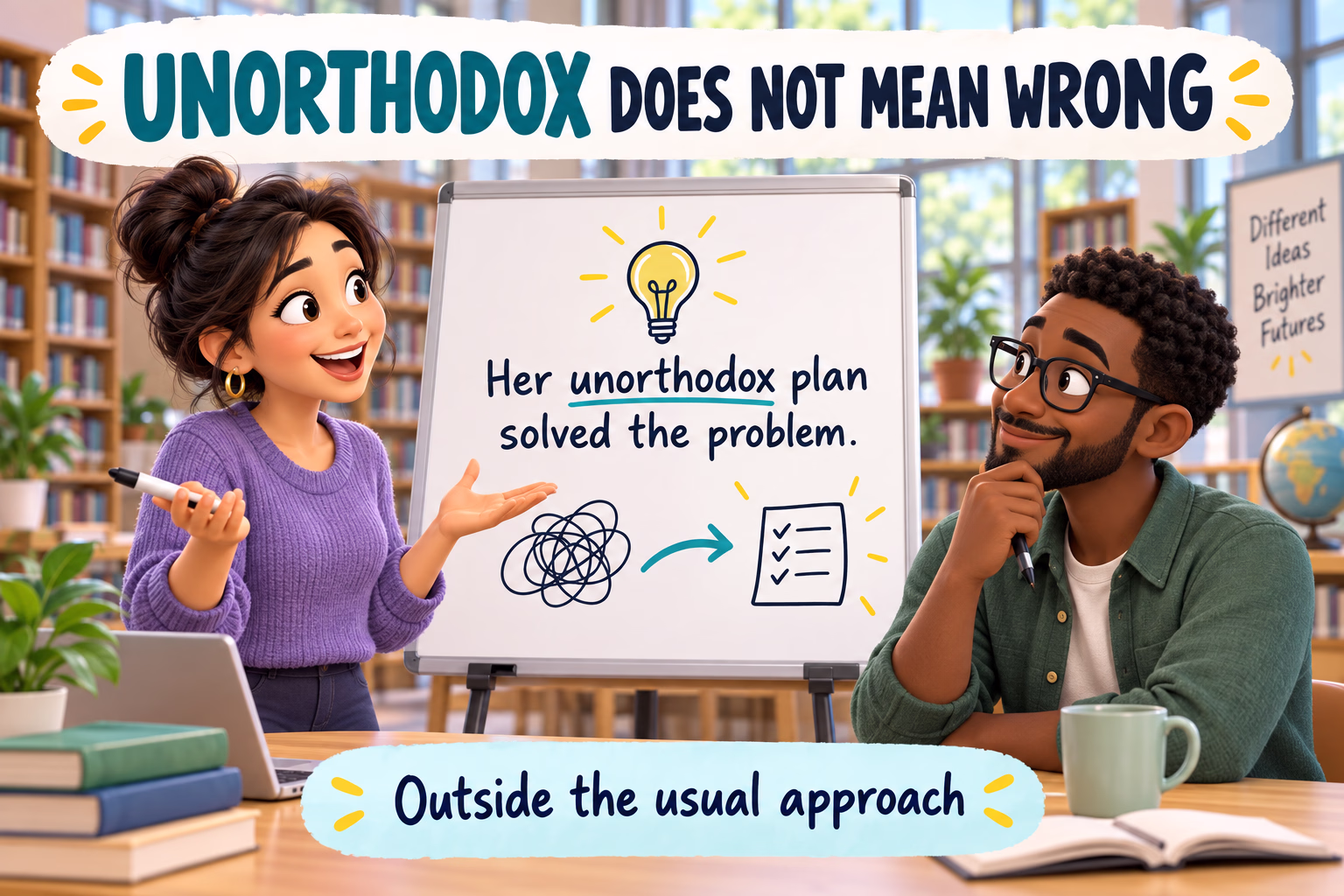 Unorthodox means outside the usual approach, not automatically wrong.