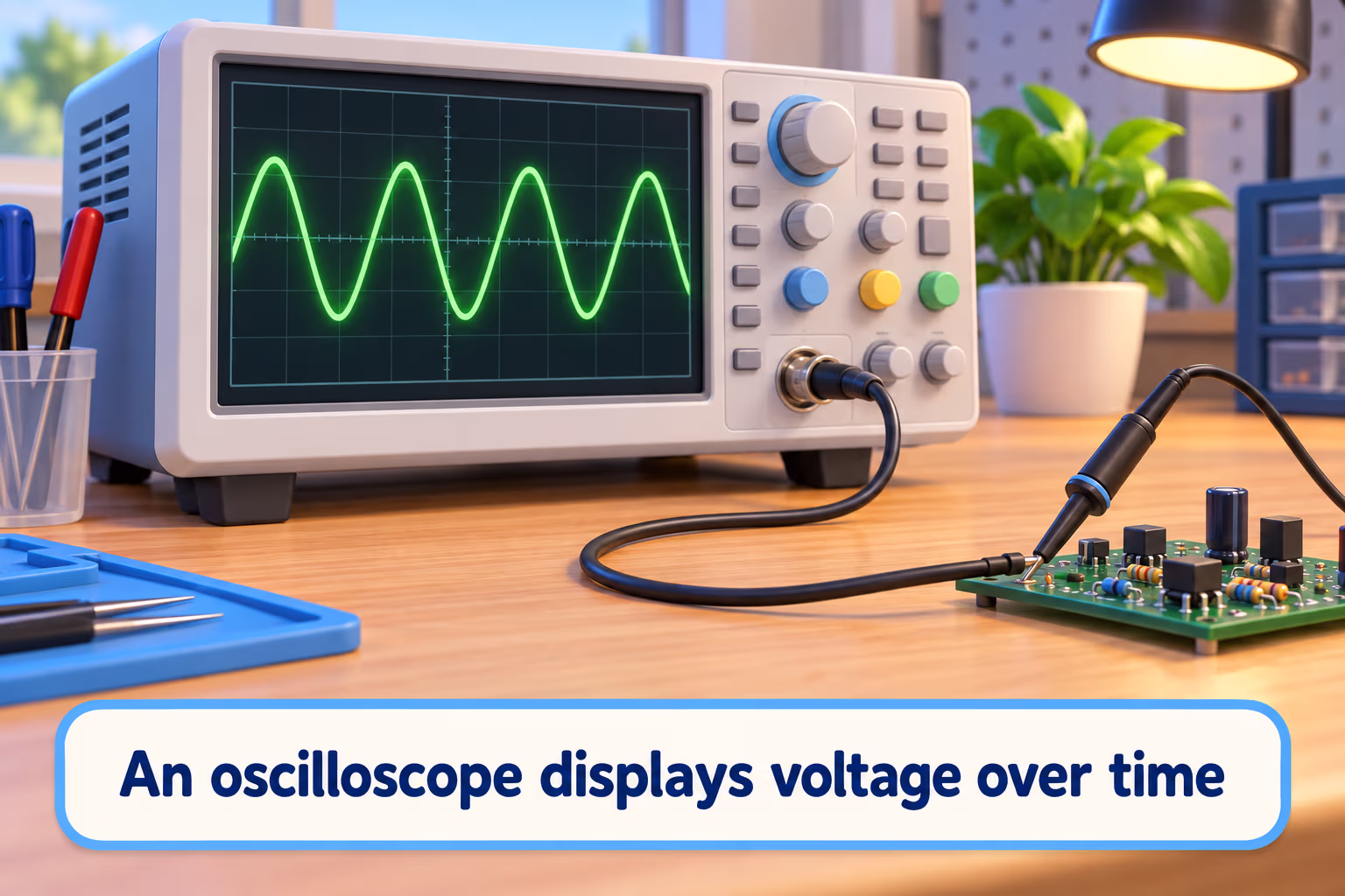 An oscilloscope displays a waveform with the label ‘An oscilloscope displays voltage over time.’