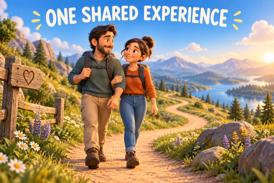 Two partners follow one winding path together, illustrating one shared experience.
