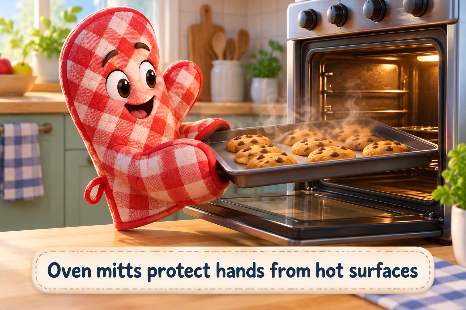 An orange oven with the label ‘An oven uses heat to cook food.’