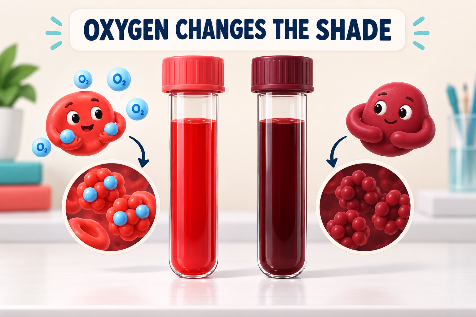 Two red samples, one bright and one dark, illustrate how oxygen changes the shade of blood.