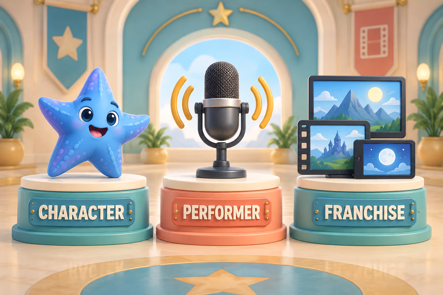Three illustrated cards distinguish a character, a performer, and a franchise, with a generic sea-star figure, microphone, and screens.