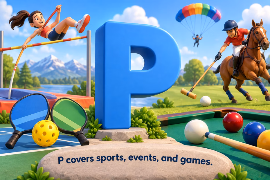 Illustrated sports collage with pole vault, pickleball, polo, pool, and parachuting.