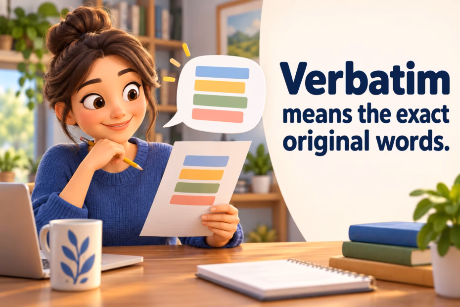 A reader compares a speech transcript with a page to show that verbatim means preserving the exact original words.
