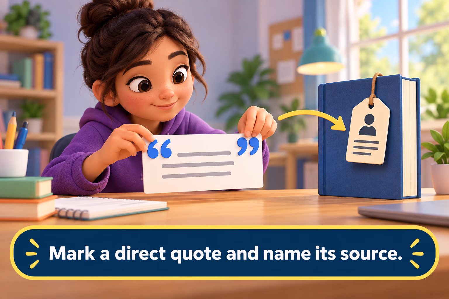 A student places quotation marks around a passage and connects it to its source book.