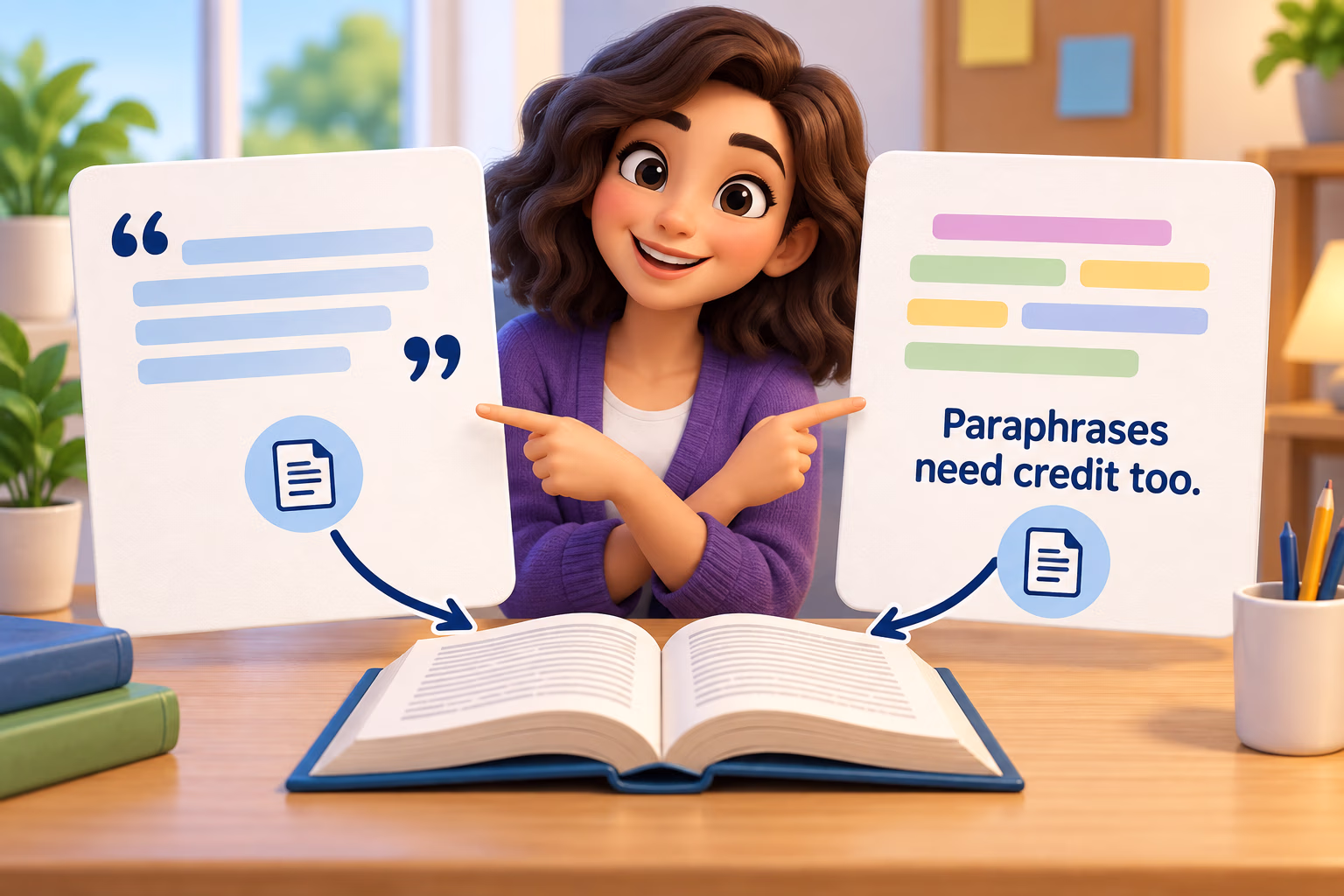 A tutor compares a direct quotation and a paraphrase, both linked to their source.