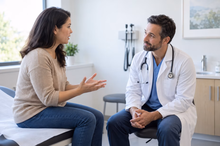 A doctor listens attentively while an adult patient explains a concern