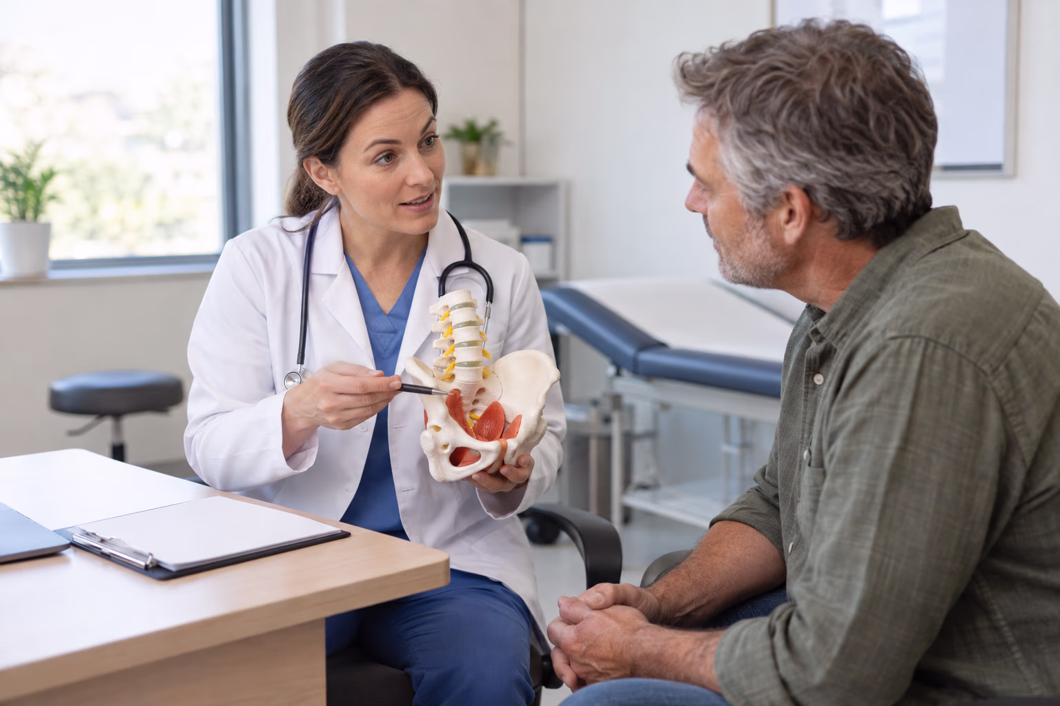A physician explains an anatomical model to a patient