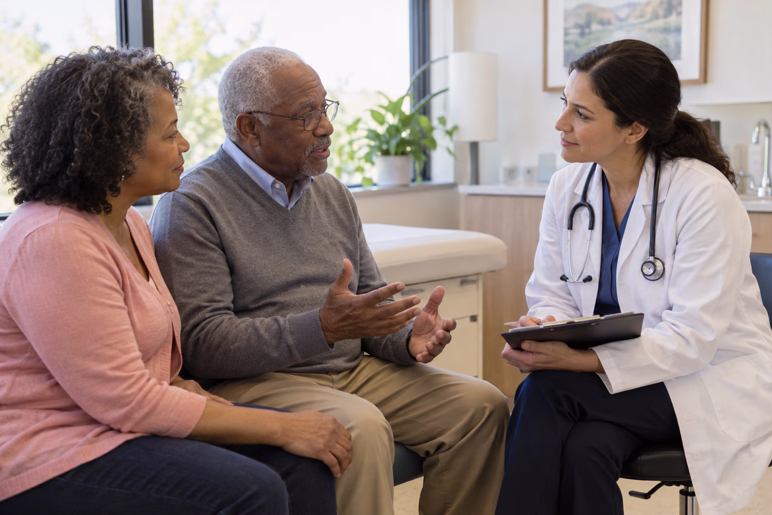 A doctor listens attentively while an older patient explains a concern