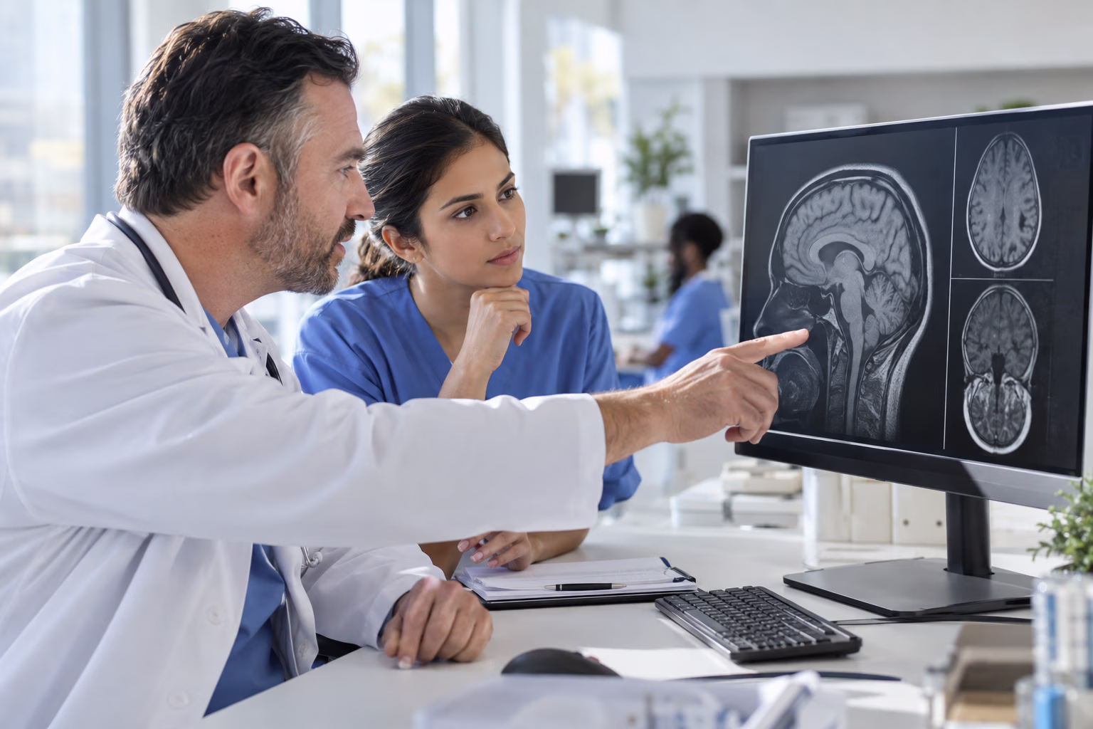 Two physicians carefully review a medical image together