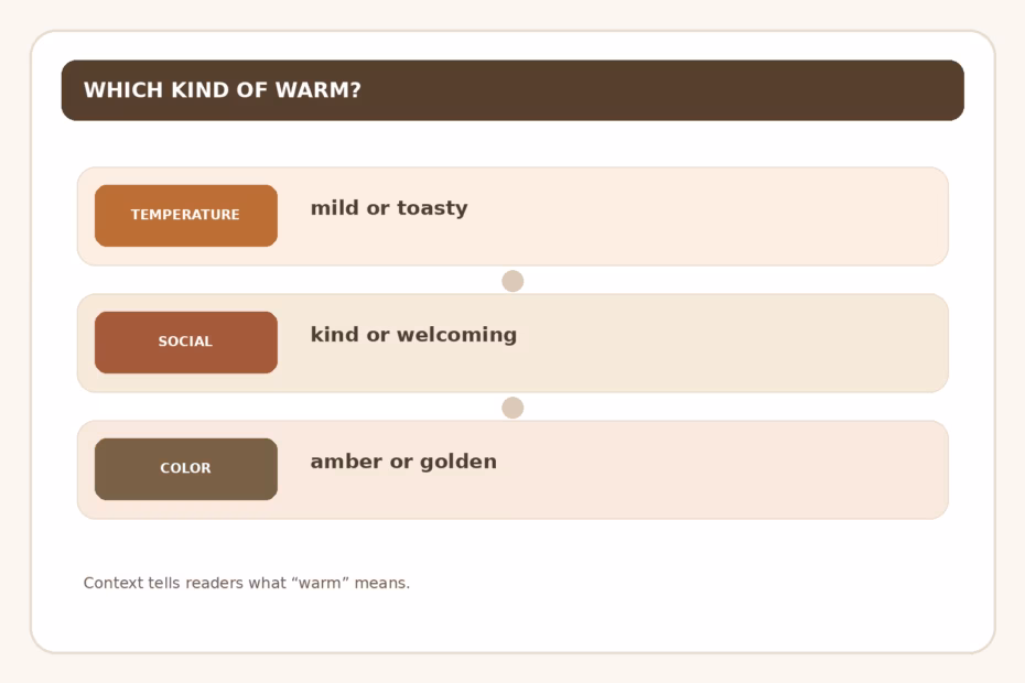 Warm may describe temperature, a friendly manner, or colors such as amber and golden.