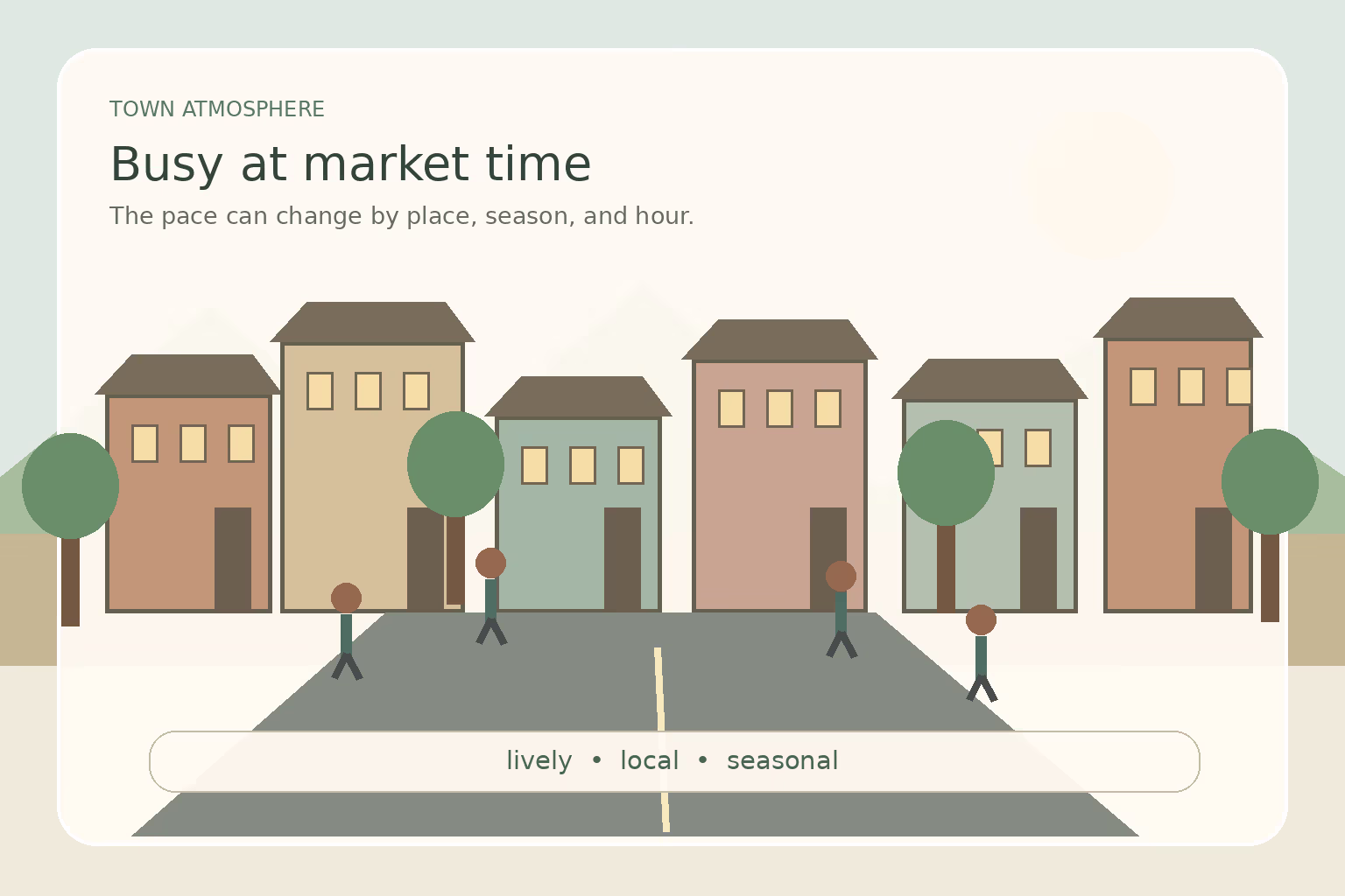 A shopper and neighbors move through a lively outdoor market on a town street.
