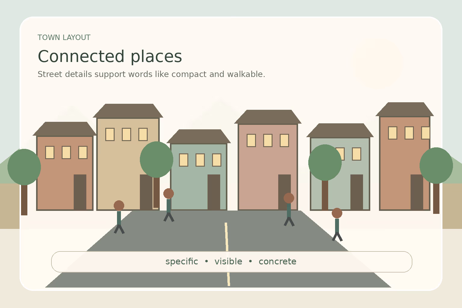 A tree-lined town street with connected shops, a bus stop, and pedestrians.