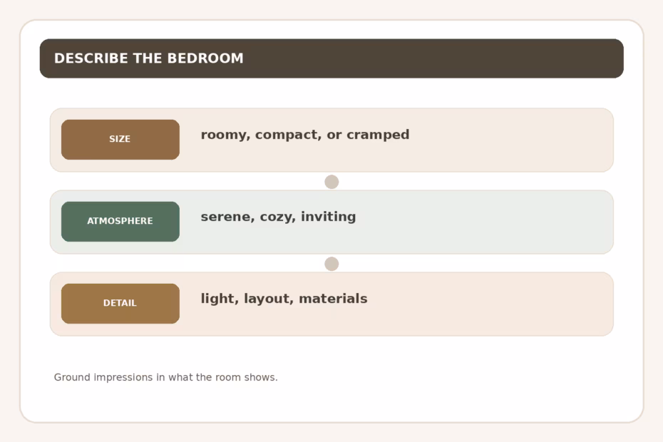 Bedroom adjectives can describe size, atmosphere, or visible details such as light, layout, and materials.