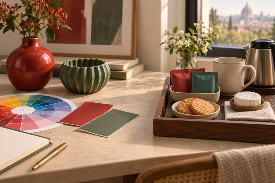 A writing desk contrasts coordinated color swatches with a hotel courtesy tray, illustrating the two meanings