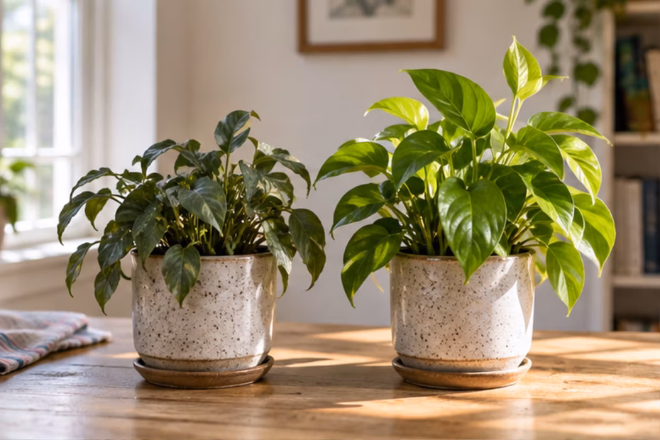 Two houseplants side by side, with one showing noticeably brighter green leaves