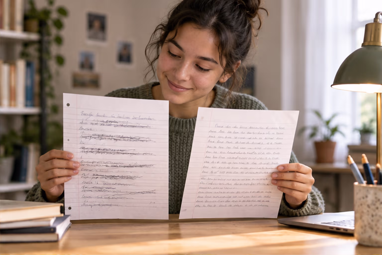 Student comparing an early handwritten draft with a noticeably improved revision