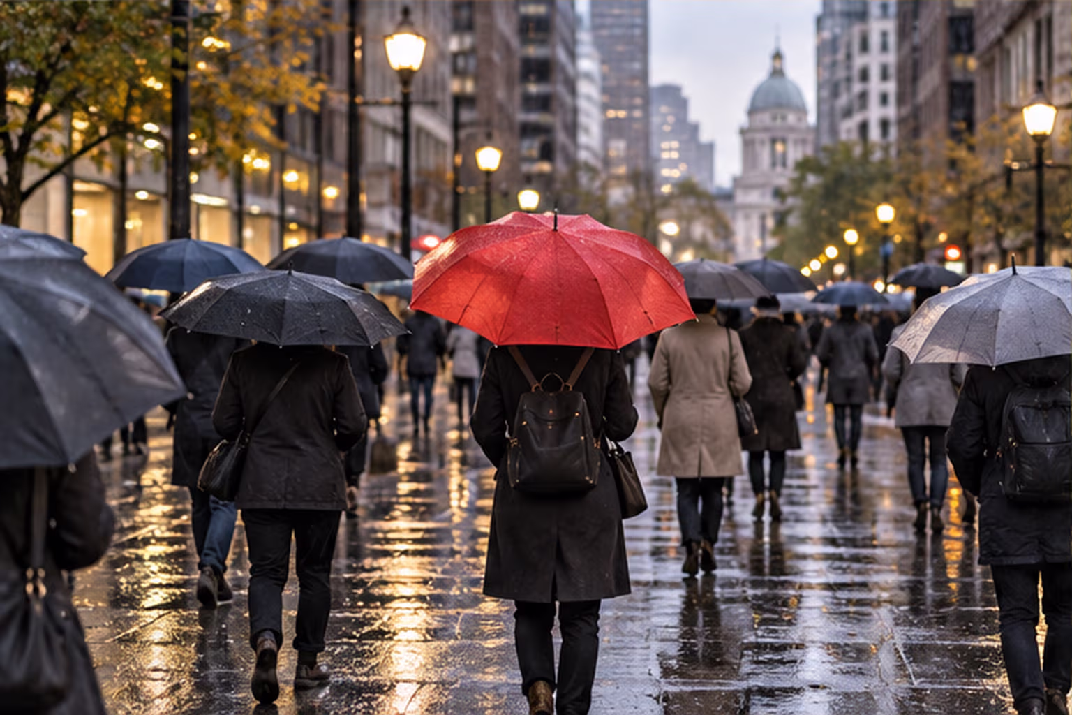 Bright red umbrella standing out noticeably among neutral umbrellas on a rainy city street