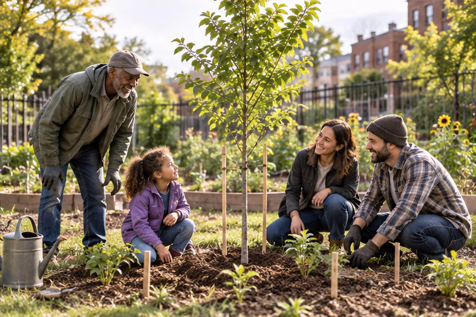 Neighbors noticing a young tree growing taller than seedlings in a community garden