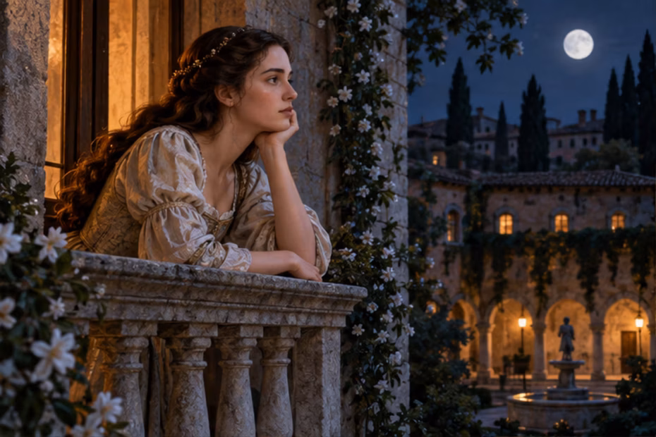 A thoughtful young woman looking from a stone balcony over a moonlit Renaissance courtyard