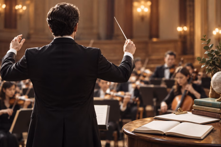 An orchestra conductor leads musicians, with a planning notebook suggesting the broader uses of conduct